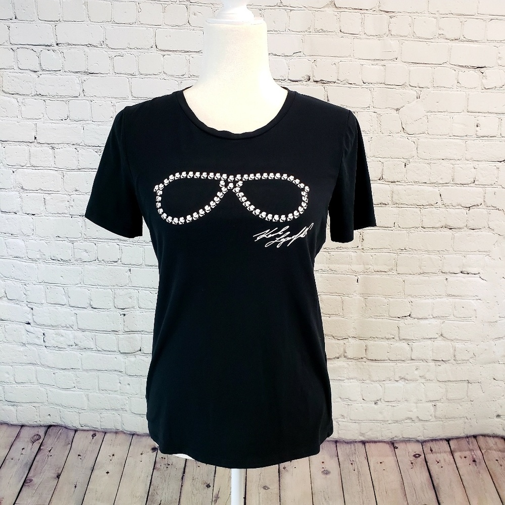 Karl Lagerfeld tshirt. Sunglasses motif. Black XS